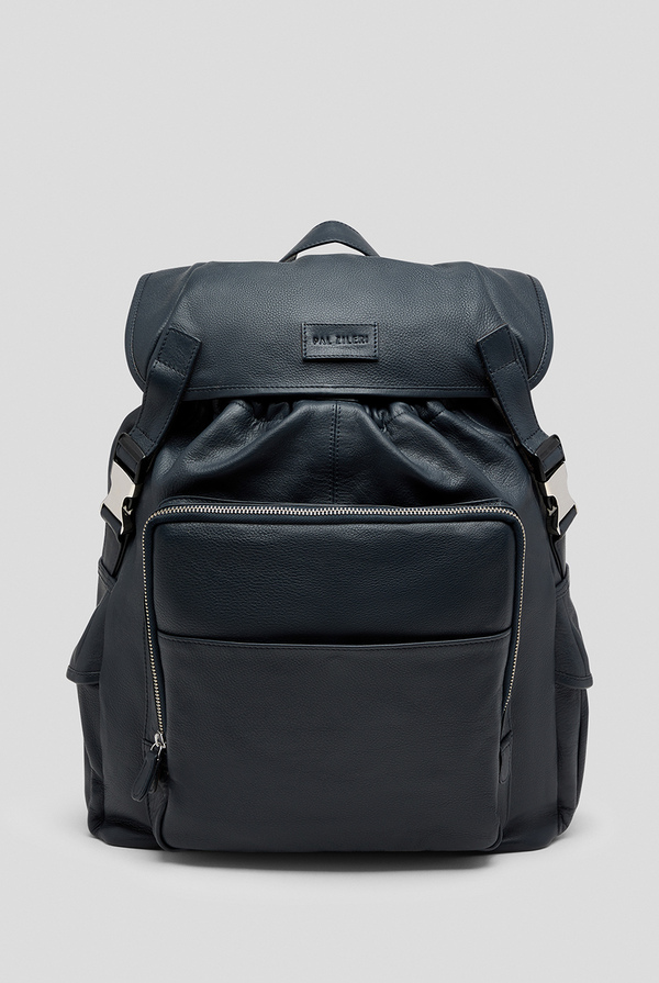 Leather backpack with logo, large front pocket closed by zip and side pockets with snap button - Pal Zileri shop online