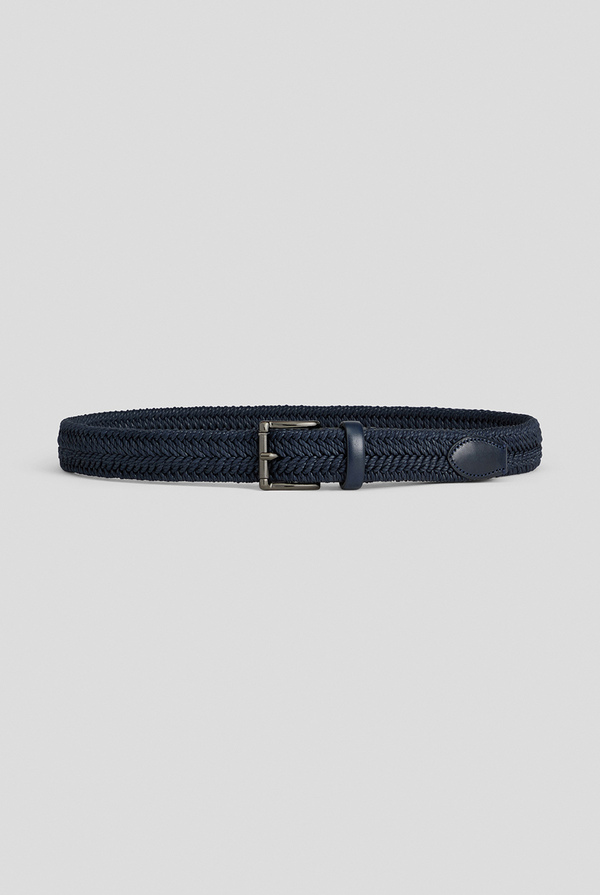 Woven elastic belt in cotton and viscose with leather details and ruthenium buckle - Pal Zileri shop online