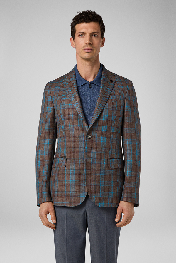 Fully unlined and deconstructed blazer from the Brera line in wool, silk and linen with a macro check motif - Pal Zileri shop online