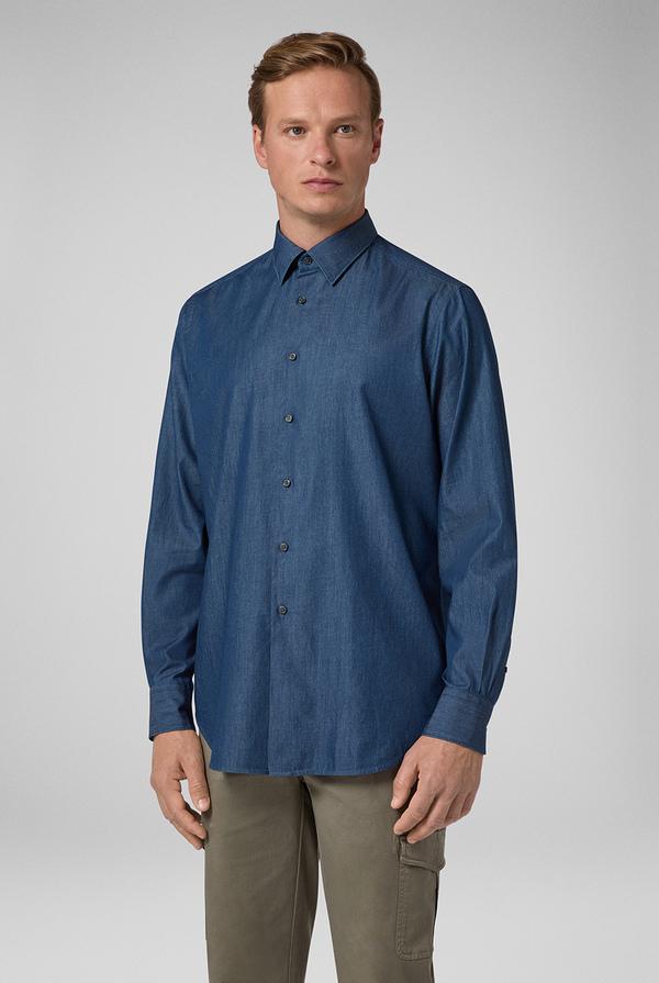 Pure cotton denim shirt with small collar and standard cuffs - Pal Zileri shop online