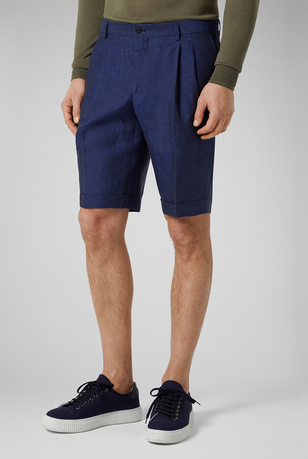 Pure linen Bermuda shorts with double waist pleats and turn-ups hem - Pal Zileri shop online