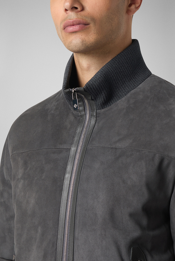 Bomber in goat suede grey with knitted finishes - Pal Zileri shop online